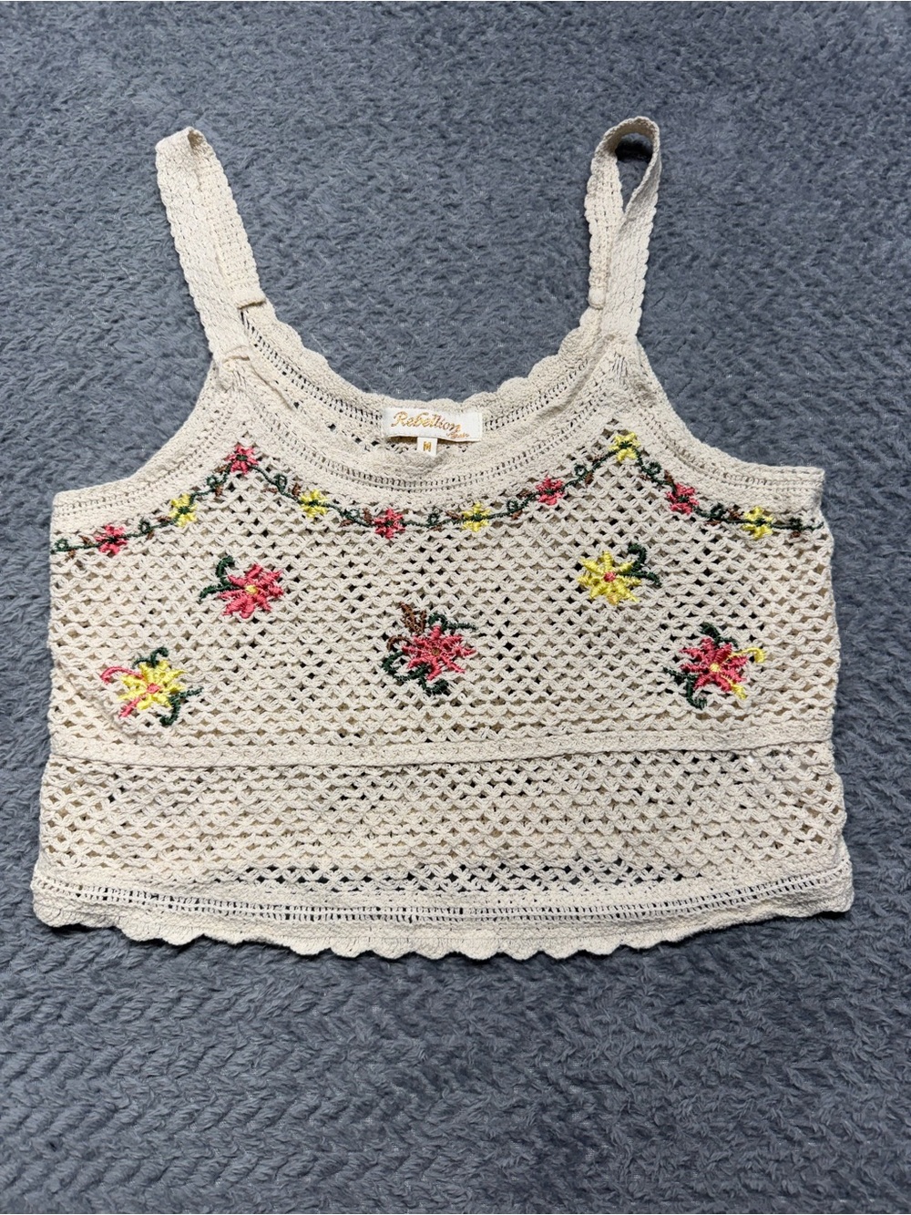 Rebellion Again Womens M Cream Crochet Crop Tank Floral Embroidered Boho